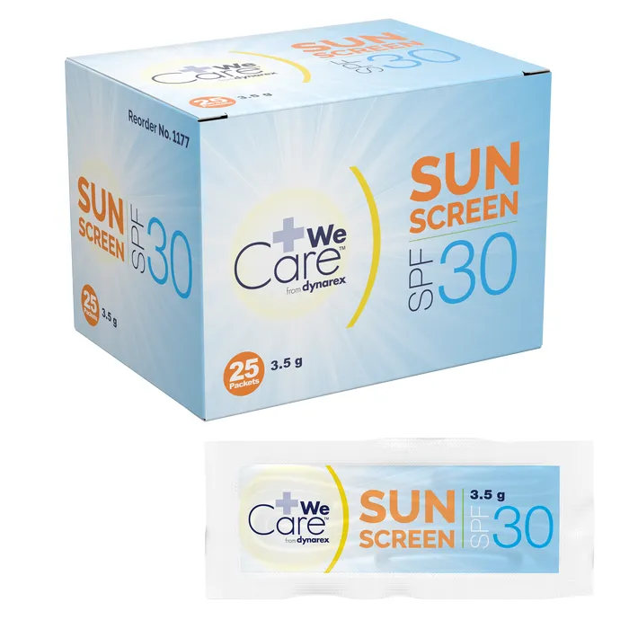 #1177 Dynarex® Sunscreen Lotion, 3.5g Packets packaged in ANSI Standard Dispensing Box